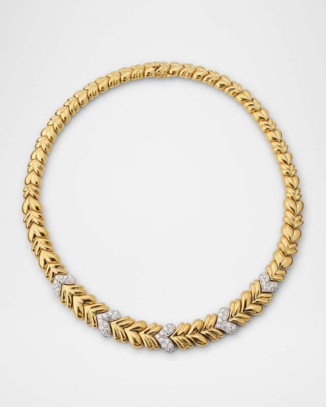 Estate 18K Yellow Gold and White Gold Tapered Corrugated Puff Necklace with Diamonds